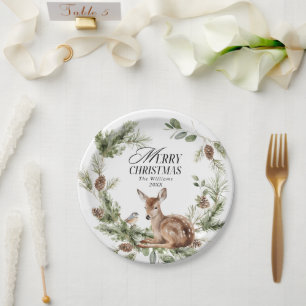 Floral Deer Elegant Modern Merry Christmas Paper Plate