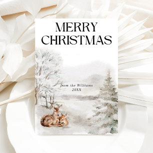 Floral Deer Elegant Watercolor Merry Christmas Holiday Card