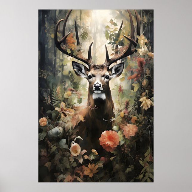 Floral Deer Forest Print, Dark Academia Poster (Front)