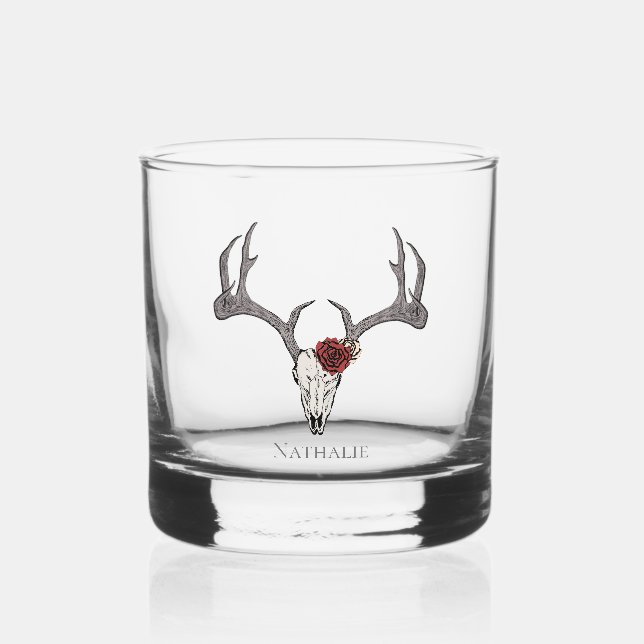 Floral Deer Head Skull and Roses Whiskey Glass (Front)