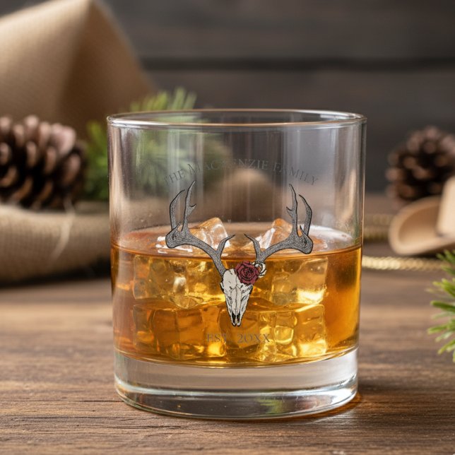 Floral Deer Head Skull Family Name Whiskey Glass (Modern Reindeer Skull Christmas Whiskey Glasses. Simple Xmas Deer & Antlers Illustration)