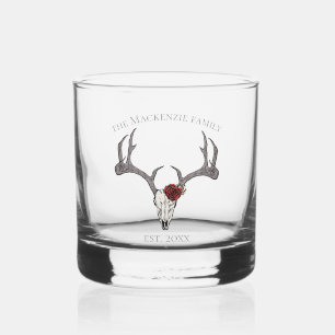 Floral Deer Head Skull Family Name Whiskey Glass