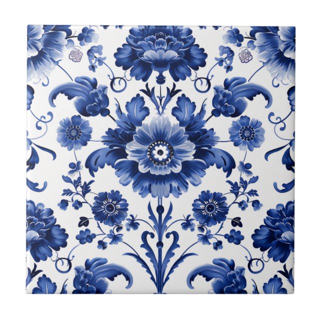 Floral Delft Blue Ceramic Tile (Front)