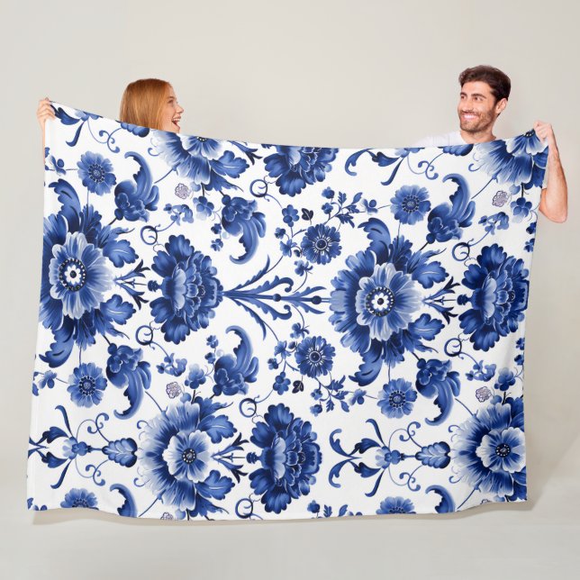 Floral Delft Blue Fleece Blanket (In Situ)