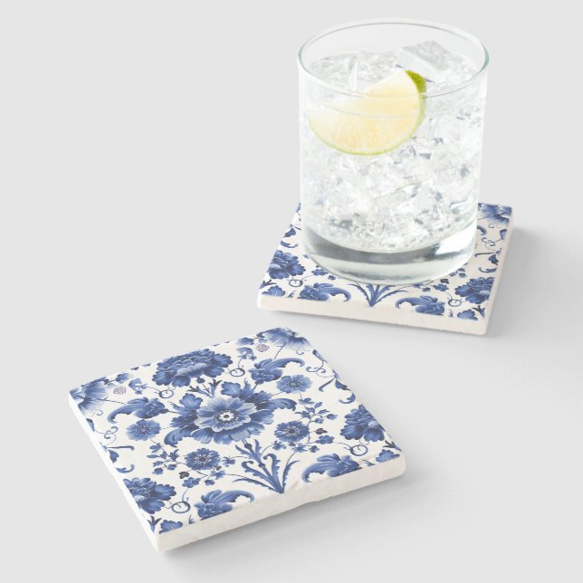 Floral Delft Blue Stone Coaster (Side)