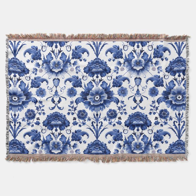 Floral Delft Blue Throw Blanket (Front)