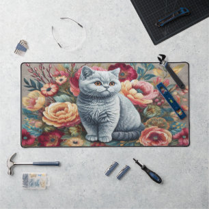 Floral Delight British shorthair Cat, Cute Kitten Desk Mat