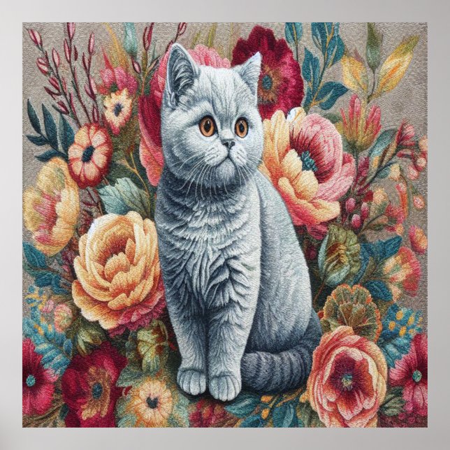 Floral Delight British shorthair Cat, Cute Kitten Poster (Front)