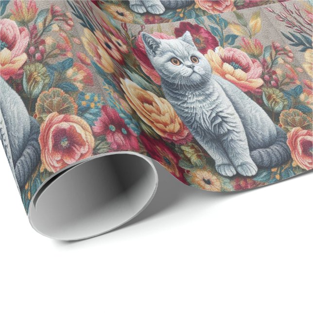 Floral Delight British shorthair Cat, Cute Kitten Wrapping Paper (Roll Corner)
