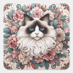 Floral Delight Ragdoll Cat, Cute Ragdoll Kitten Square Sticker