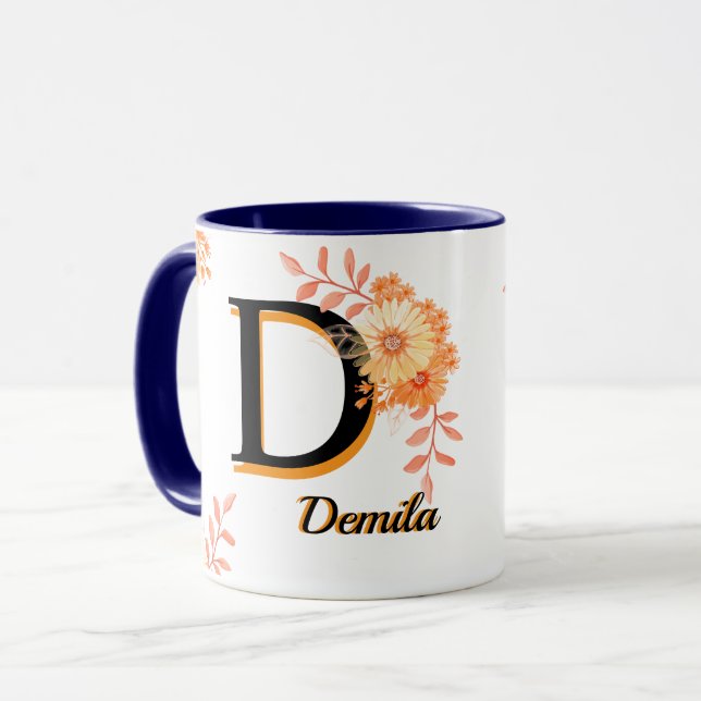 Floral Demila Mug – Elegant Letter D  Coffee Cup (Front Left)