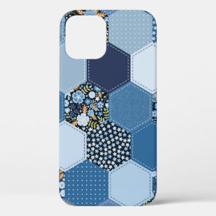 Floral, denim patchwork: blue pattern. iPhone 12 case
