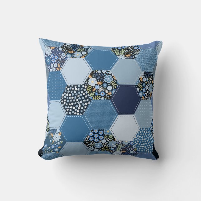Floral, denim patchwork: blue pattern. cushion (Front)