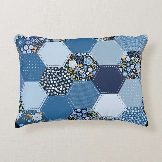 Floral, denim patchwork: blue pattern. decorative cushion (Front)