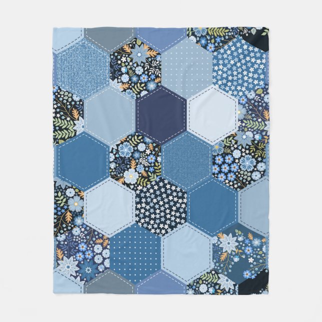 Floral, denim patchwork: blue pattern. fleece blanket (Front)