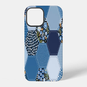 Floral, denim patchwork: blue pattern. iPhone 12 case