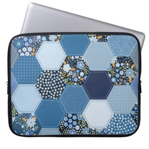 Floral, denim patchwork: blue pattern. laptop sleeve