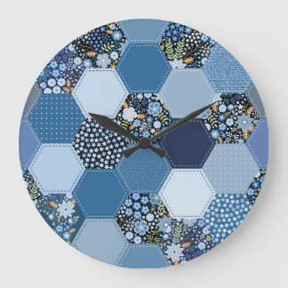 Floral, denim patchwork: blue pattern. large clock