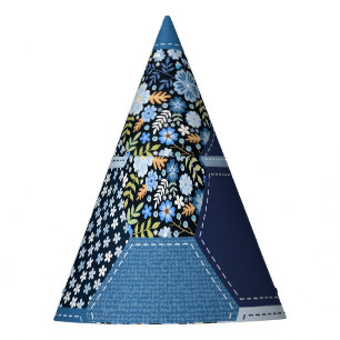 Floral, denim patchwork: blue pattern. party hat