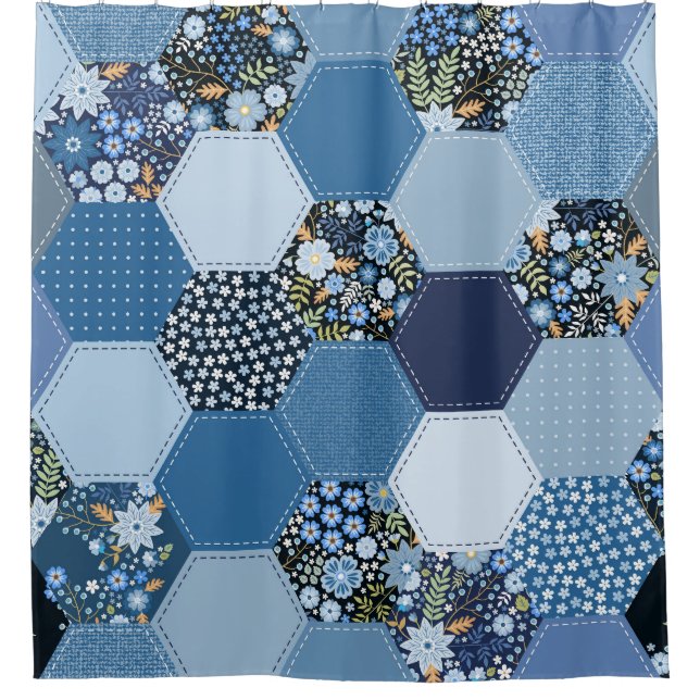 Floral, denim patchwork: blue pattern. shower curtain (Front)