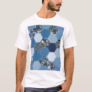 Floral, denim patchwork: blue pattern. T-Shirt