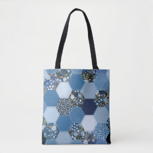 Floral, denim patchwork: blue pattern. tote bag