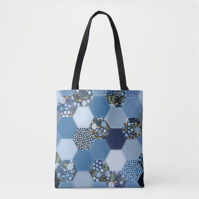 Floral, denim patchwork: blue pattern. tote bag (Front)