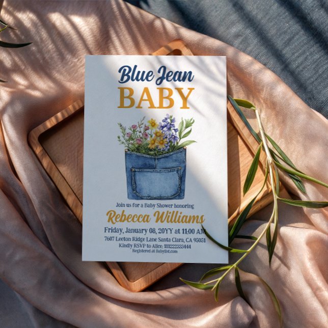 Floral Denim Pocket Yellow Blue Jean Baby Shower Invitation (Creator Uploaded)