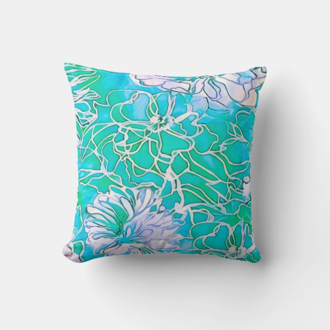 Floral design blue green white flowers beautiful cushion (Front)