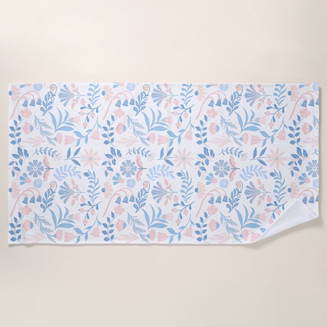 Floral design boho block print blue pink girly beach towel (Front)