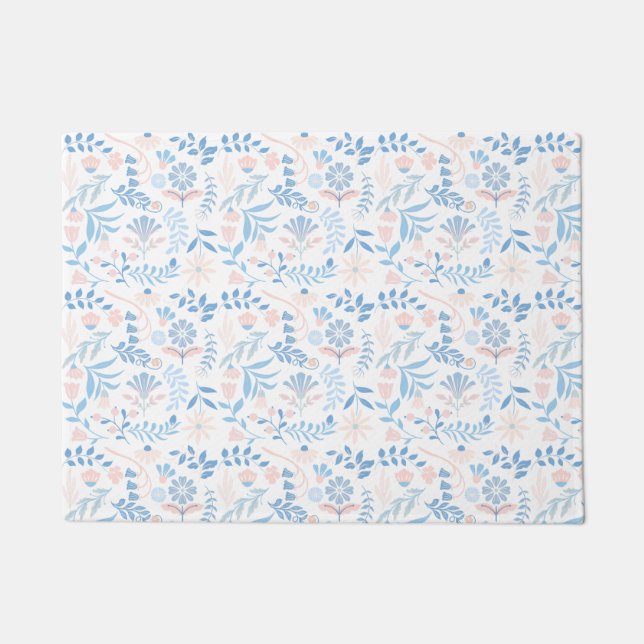 Floral design boho block print blue pink girly doormat (Front)
