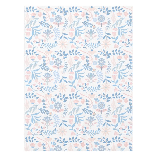 Floral design boho block print blue pink girly tablecloth (Front)