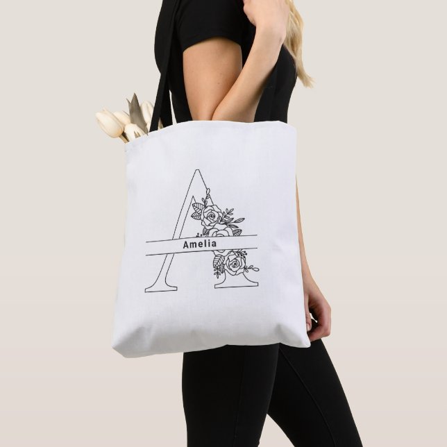 Floral Design Custom Name Initial A Tote Bag (Close Up)