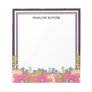 Floral Design Dark Plum White Name Notepad