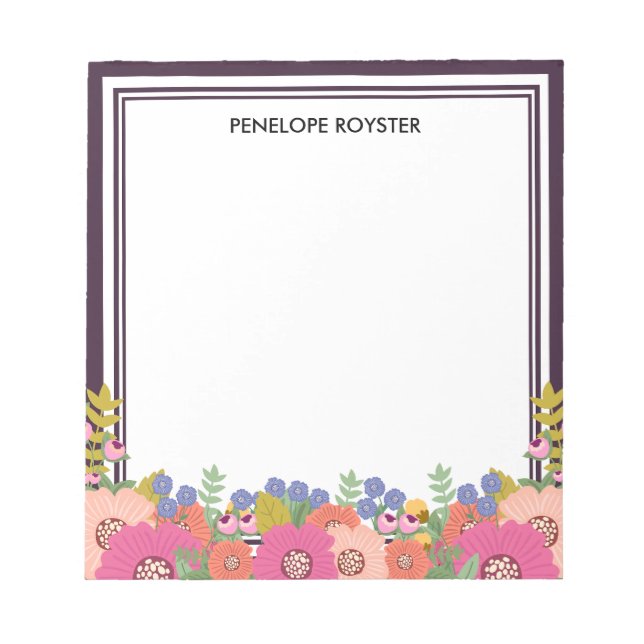 Floral Design Dark Plum White Name Notepad (Front)