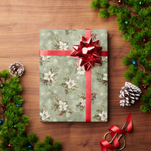 Floral Design: Delicate White Blooms, Red Berries Wrapping Paper
