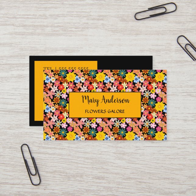Floral Design On Black Background Business Card (Front/Back In Situ)