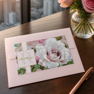 Floral Design Pink Rose Monogram Rectangular Sticker