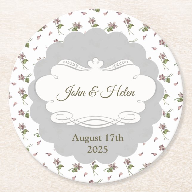 Floral Design Round Paper Coaster (Front)