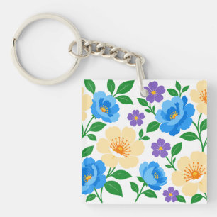 Floral Design with Blue, Cream, & Purple Flowers Key Ring
