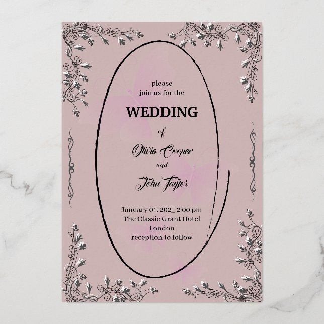 floral design with oval border wedding caard (Front)