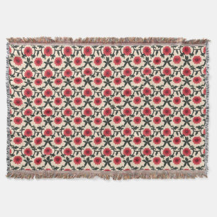 Floral Design with Red Flowers and Green Leaves Throw Blanket