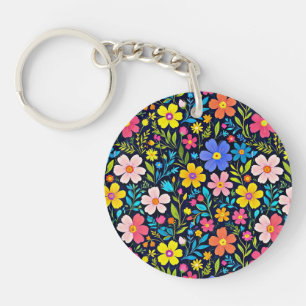 Floral Digital Painting Flowers Pattern Key Ring