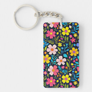 Floral Digital Painting Flowers Pattern Key Ring