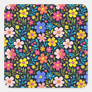 Floral Digital Painting Flowers Pattern Square Sticker