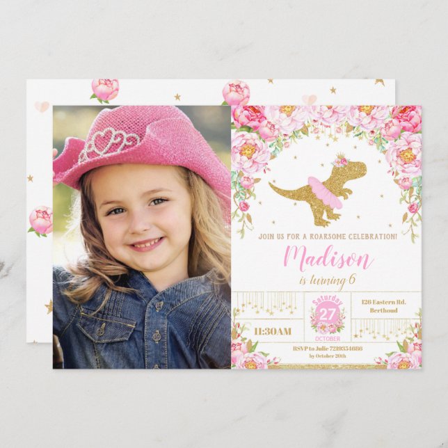 Floral Dinosaur Birthday Girl T-Rex Tutu Photo Invitation (Front/Back)