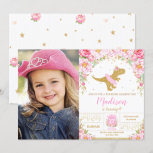 Floral Dinosaur Birthday Girl T-Rex Tutu Photo Invitation