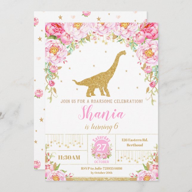 Floral Dinosaur Birthday Invitation Girl (Front/Back)
