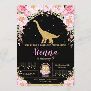 Floral Dinosaur Birthday Invitation Girl Bronto