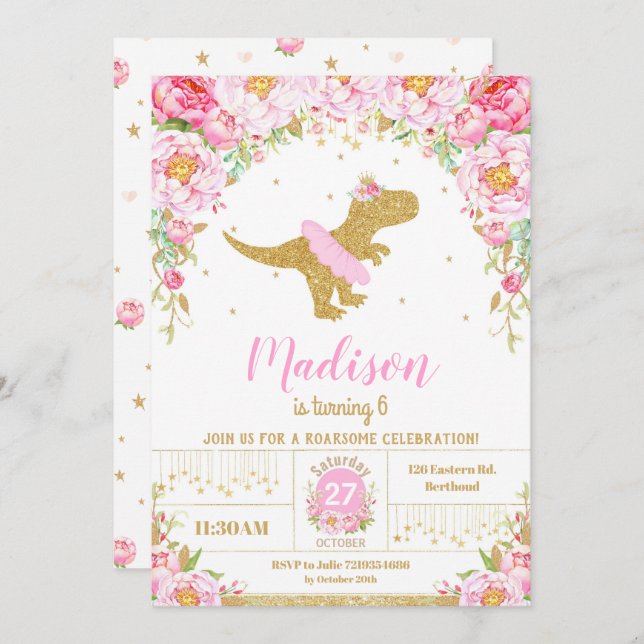Floral Dinosaur Birthday Invitation Girl T-Rex (Front/Back)